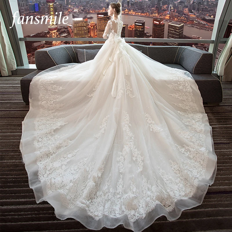 Fansmile роскошное свадебное платье с длинным шлейфом Vestido De Noiva, кружевное свадебное платье, подгонянное по индивидуальному заказу размера плюс, свадебные платья, свадебное платье FSM-490T