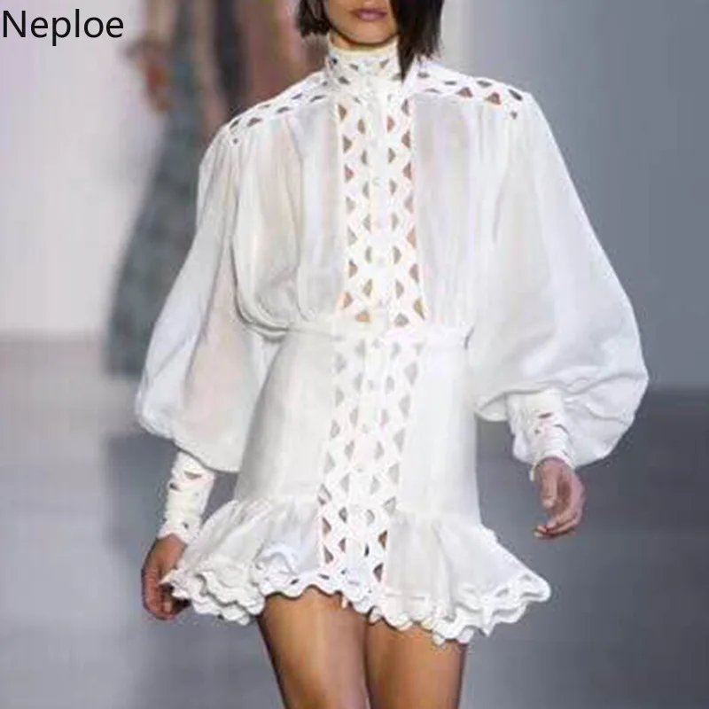 Neploe выдалбливают латерн рукава сладкое женское платье стоячий воротник Vestido 2019