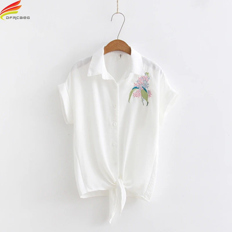 Summer 2018 Women Short Sleeve Linen Blouse Flower Embroidery Elegant Shirt Loose White Ladies Tops And Blouses |
