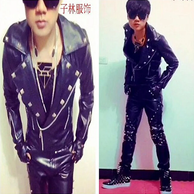 Мужская кожаная куртка с длинным рукавом черная приталенная заклепками