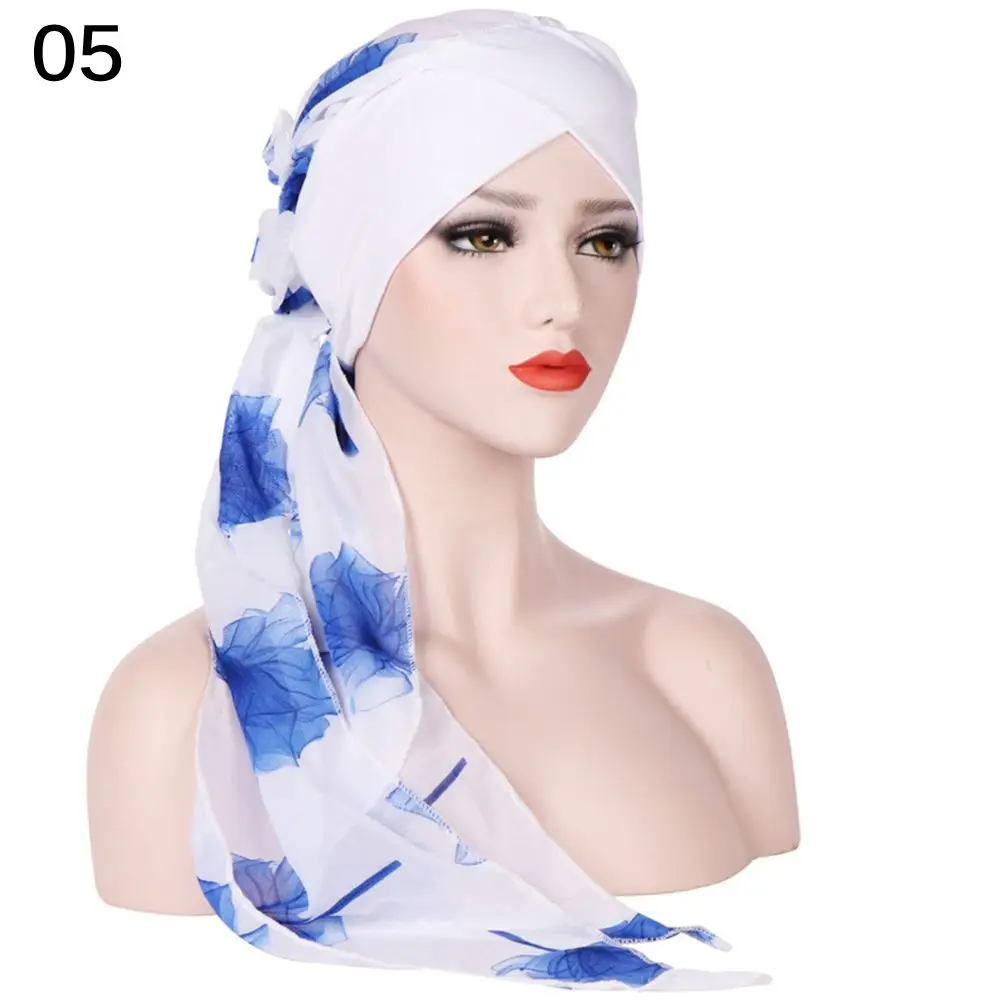 5 Scarf Хиджаб для мусульманок, исламский Джерси, простой головной платок, тюрбан после химиотерапии, предварительно привязанный цветочный принт, шаль, мягкий шелк, шифон, длинный хвост, шапка - Цвет: 5 Scarf