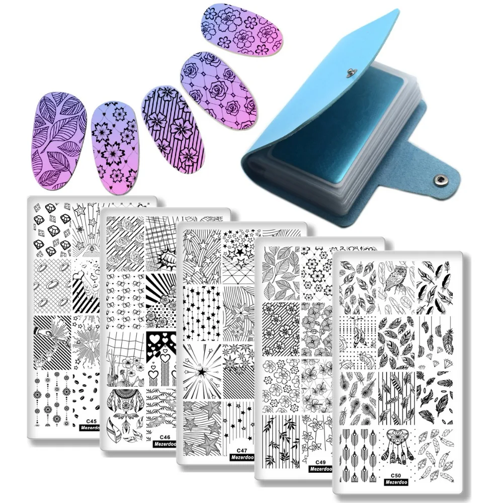 Набор пластин для стемпинга ногтей с перьями 5 шт. пластины + 1 синие 20 слотов