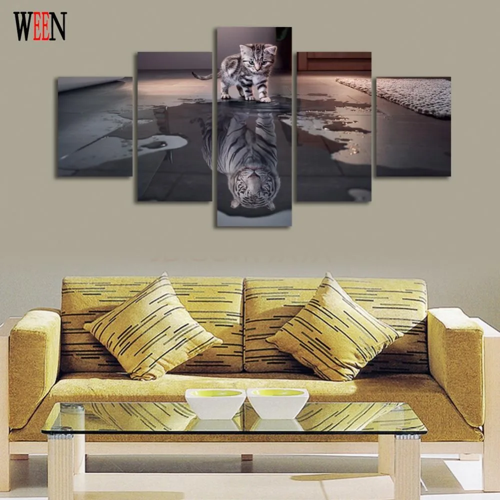 5 шт. Картина на холсте с изображением кота и тигра HD печать для гостиной