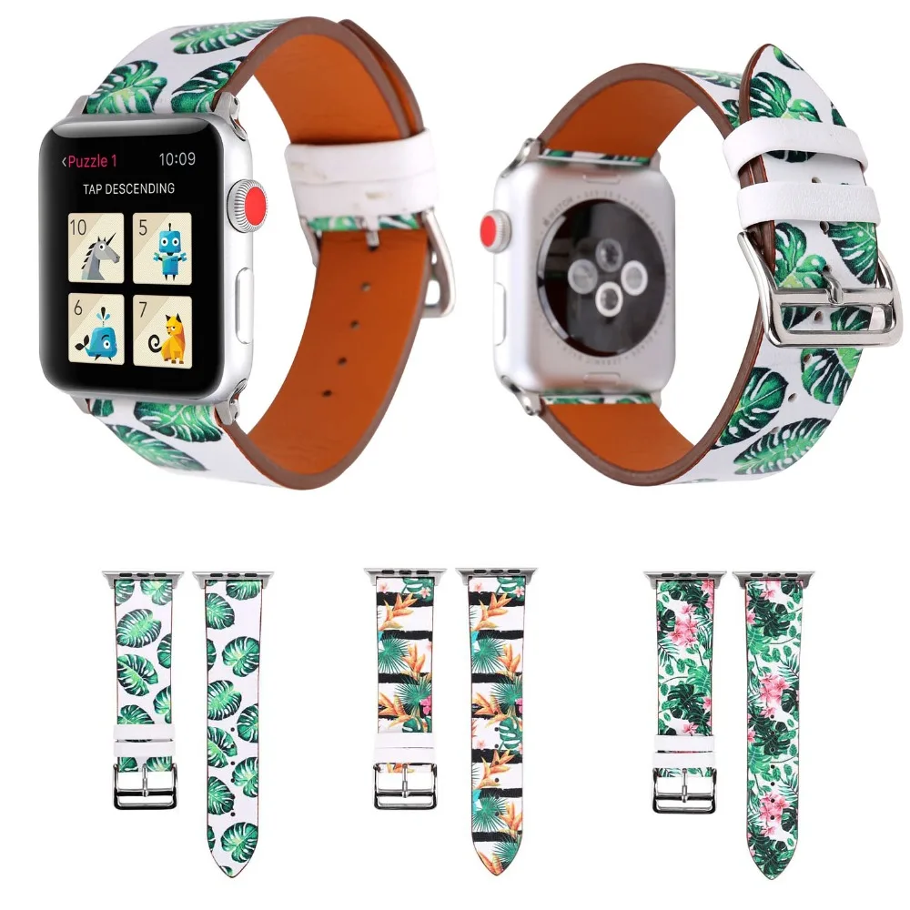 Ремешок из натуральной кожи с цветочным принтом для Apple Watch 38 мм 42 мм|Ремешки