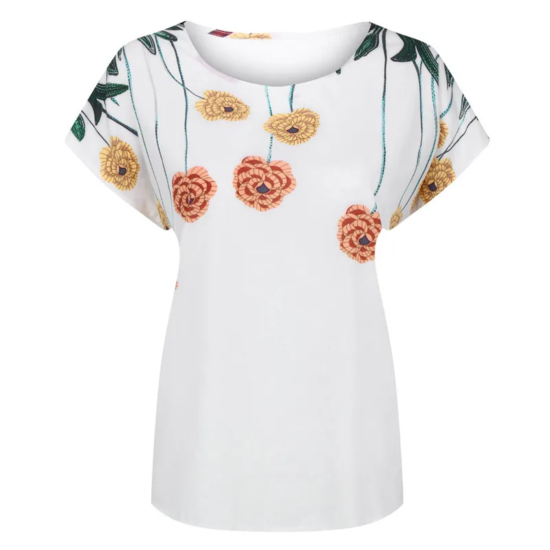 Женская футболка с круглым вырезом SAGACE летняя коротким рукавом и цветочным