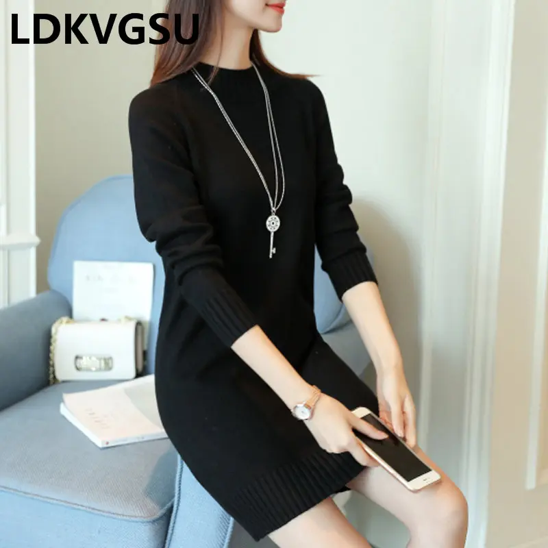 2018 Autumn Winter New Women's Long Sweater Loose Large Size Thick Round Neck Solid Color Korean Female Knit Is1477 | Женская одежда