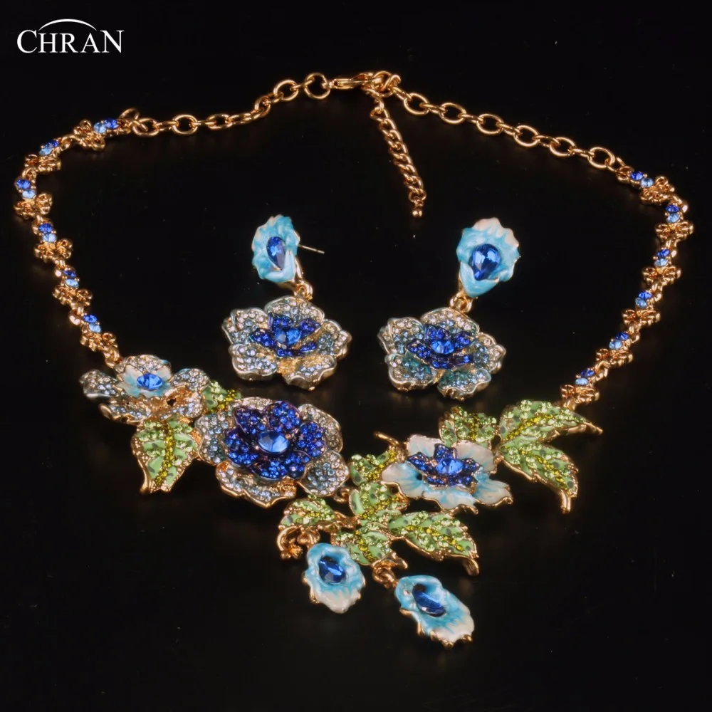 Chran Изысканный Эмаль Цветок костюм свадебный комплект ювелирных изделий Classic Gold