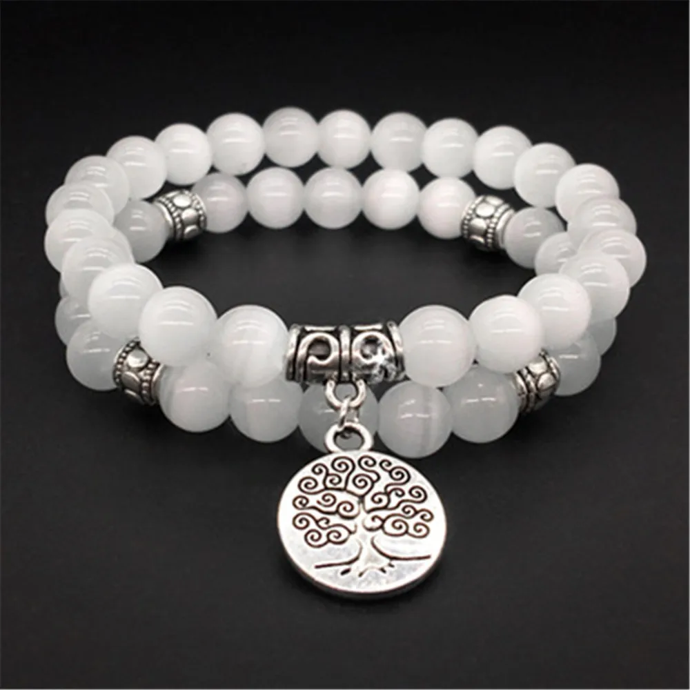 

Hot Sale 8mm White Cat's Eye Set Bracelets Tree of Lift Pendant Yoga Natural Stone Beaded Bracelet Female Jewelry Wholesale