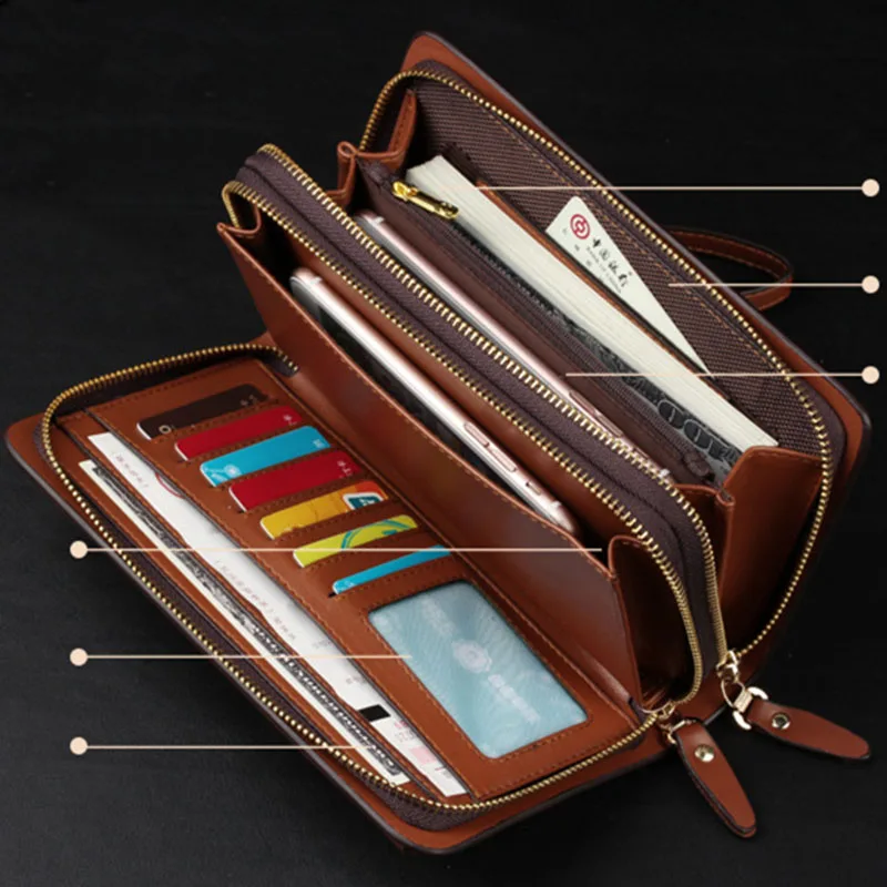 Деловой длинный мужской кожаный кошелек-клатч двойная молния спилок телефон