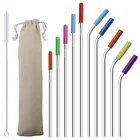 Многоразовые металлические трубочки для питья, серебристые прямые изогнутые, из нержавеющей стали 304 с силиконовым покрытием, с 1 щеткой для чистки и 1 пакетом, 2 шт.