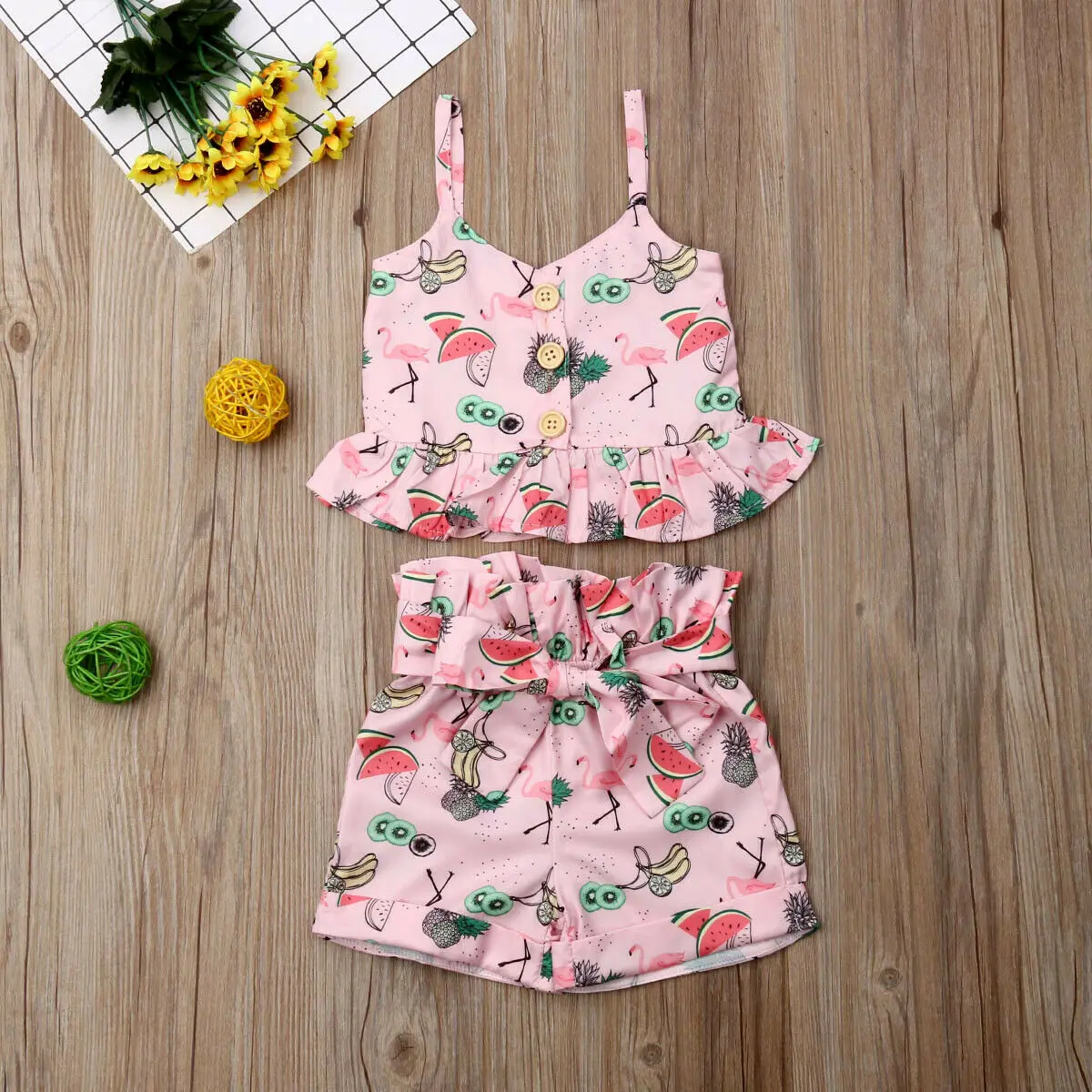 Newborn Infant Toddler Baby Girl Clothes 2019 New Summer Flamingo Sling Button Tops Vest Shorts Pants 2PCS Outfits Set | Детская одежда