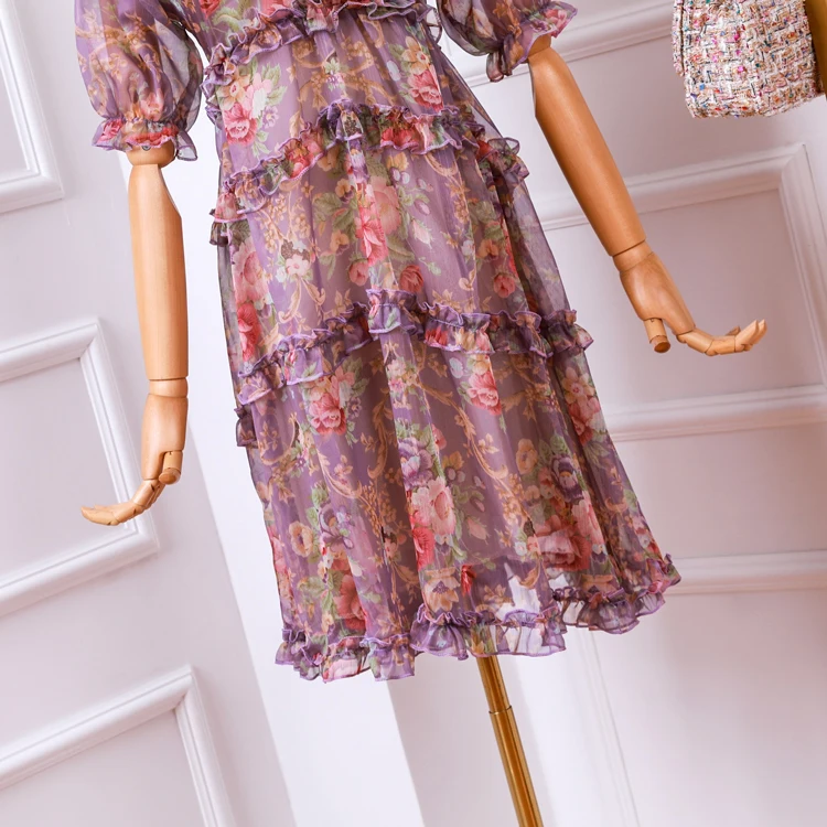 Винтажное шифоновое платье с оборками и цветочным принтом 2019 летнее