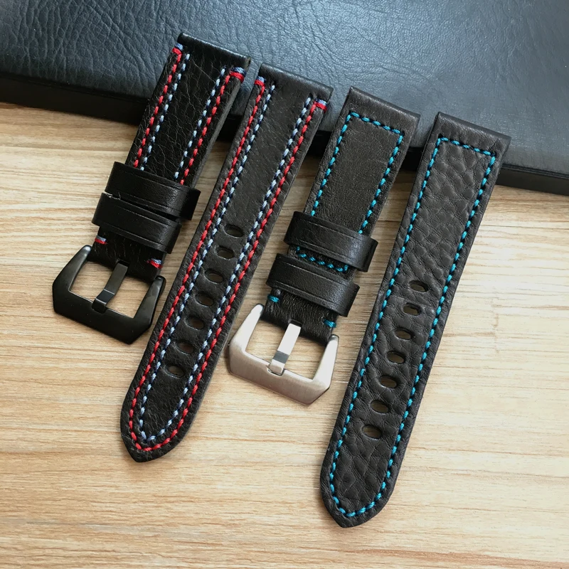 

New Fashion High-end 24mm Black With Red Blue Stitching Cowhide Genuine leather Watchband For PAM DZ Wacth Strap Sport bracelet