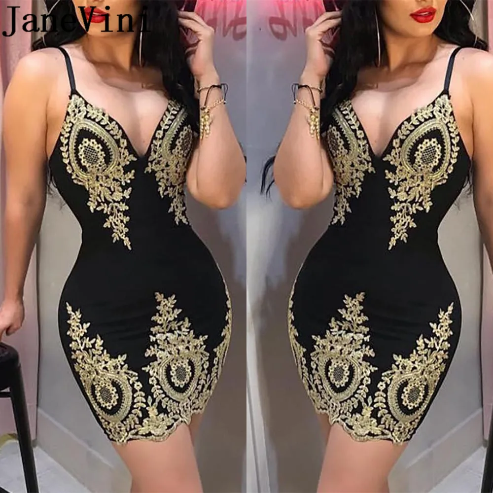 

JaneVini Sexy Black Plus Size Cocktail Dresses Gold Appliques Coctailjurk Spaghetti Straps Short Tight Fitted Women Party Dress