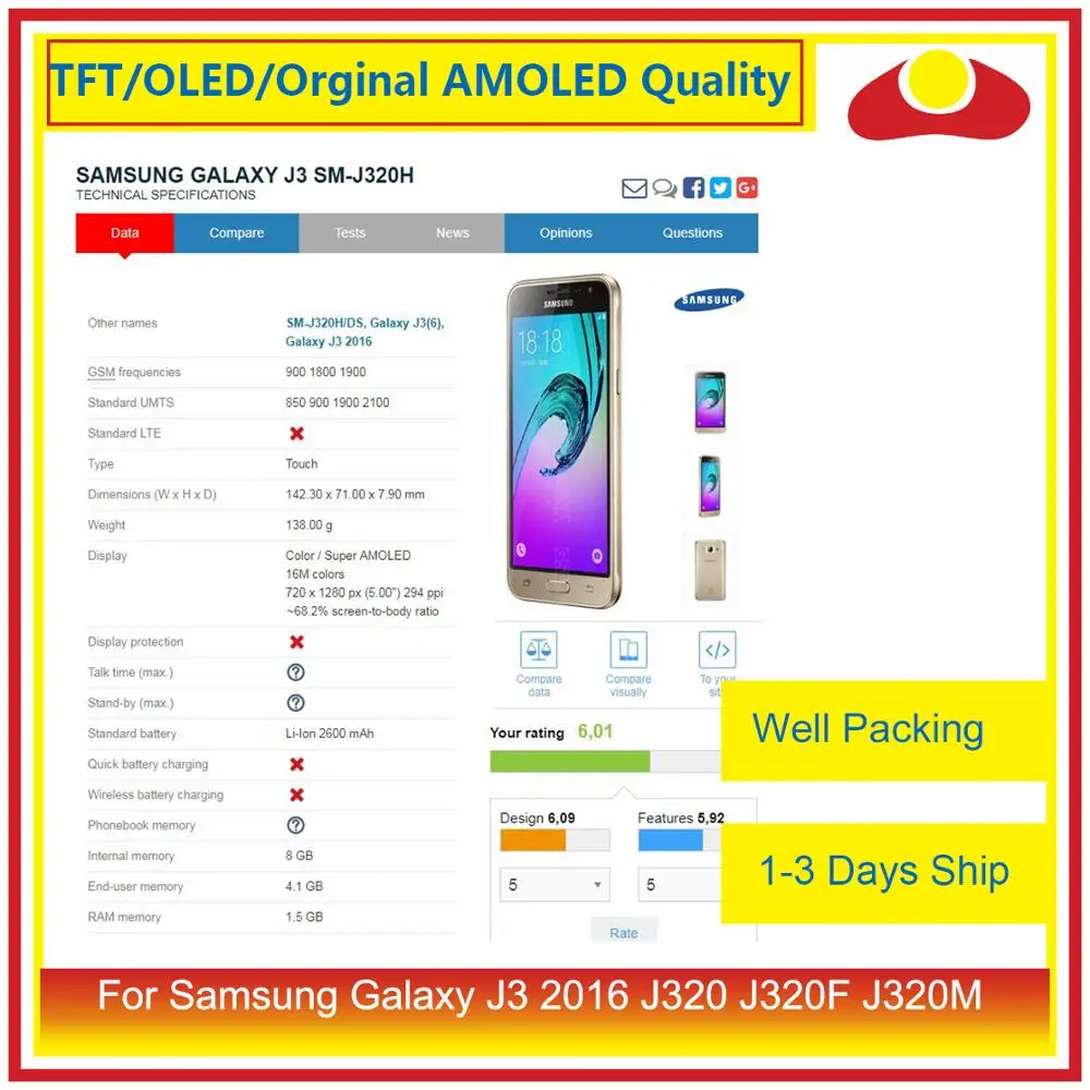 ЖК дисплей с дигитайзером сенсорного экрана для Samsung Galaxy J3 2016 J320F J320M J320Y J320|Экраны