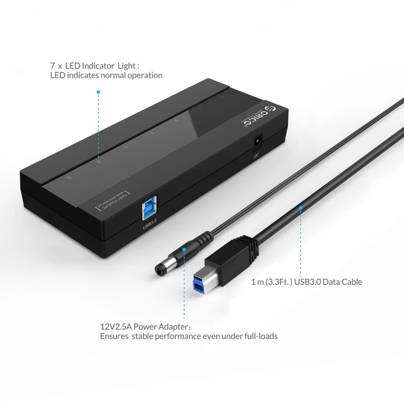 ORICO H727RK U3 BK ABS 7 портов 3 0 USB концентратор с 12 V адаптер питания черный|usb network hub|usb