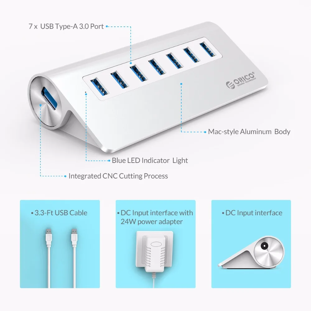 Высокоскоростной Алюминиевый Концентратор ORICO M3H7 SV с 7 портами USB 3 0 чипсет Vl812 для