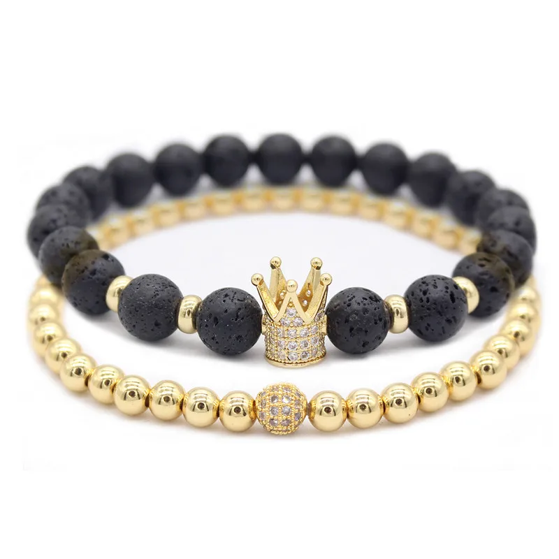 Набор браслетов Poshfeel 2 шт./набор с кристаллами CZ и кроной, браслеты на руку из натурального камня лавы 8 мм, ручной работы, ювелирные изделия Pulsera MBR180301.