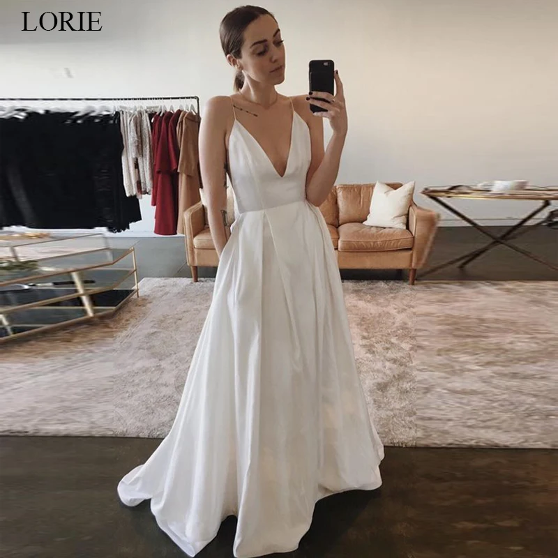 

Атласные свадебные платья LORIE на бретелях-спагетти с V-образным вырезом белые с карманами современные свадебные платья индивидуальный зака...