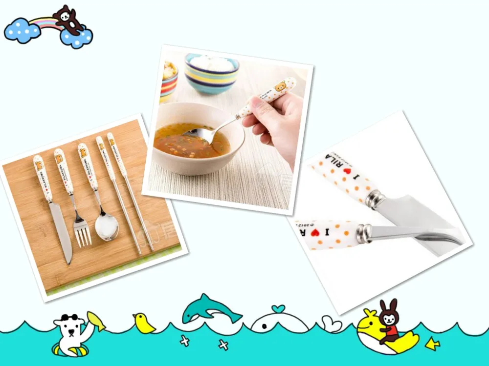 В Горошек Rilakkuma/KT/Doraemon керамическая ручка из нержавеющей стали Ложка Вилка набор палочек для еды креативный мультяшный столовый сервиз