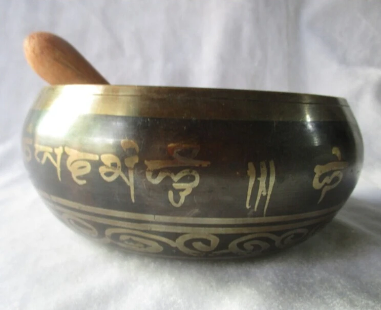 Free shipping Collectable Tibetan Copper Singing Bowl With a Wooden Stick Chinese Handwork buddha Bowl Size :Diameter 14CM