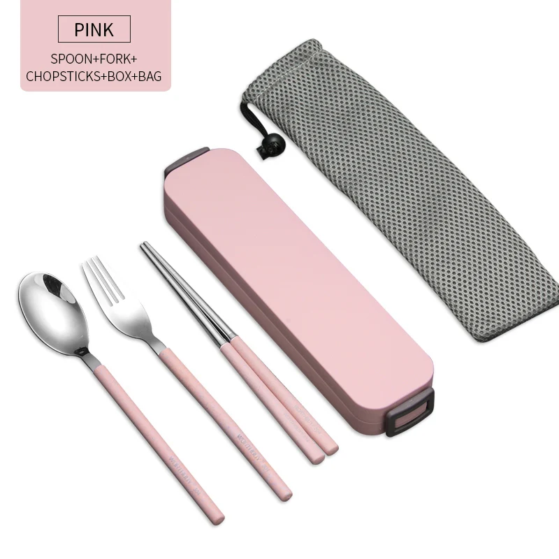 Pink 3 Set And Bag Портативный набор посуды для путешествий 304, набор посуды из нержавеющей стали с ручкой из пшеничной соломы, набор кухонных столовых приборов - Цвет: Pink 3 Set And Bag