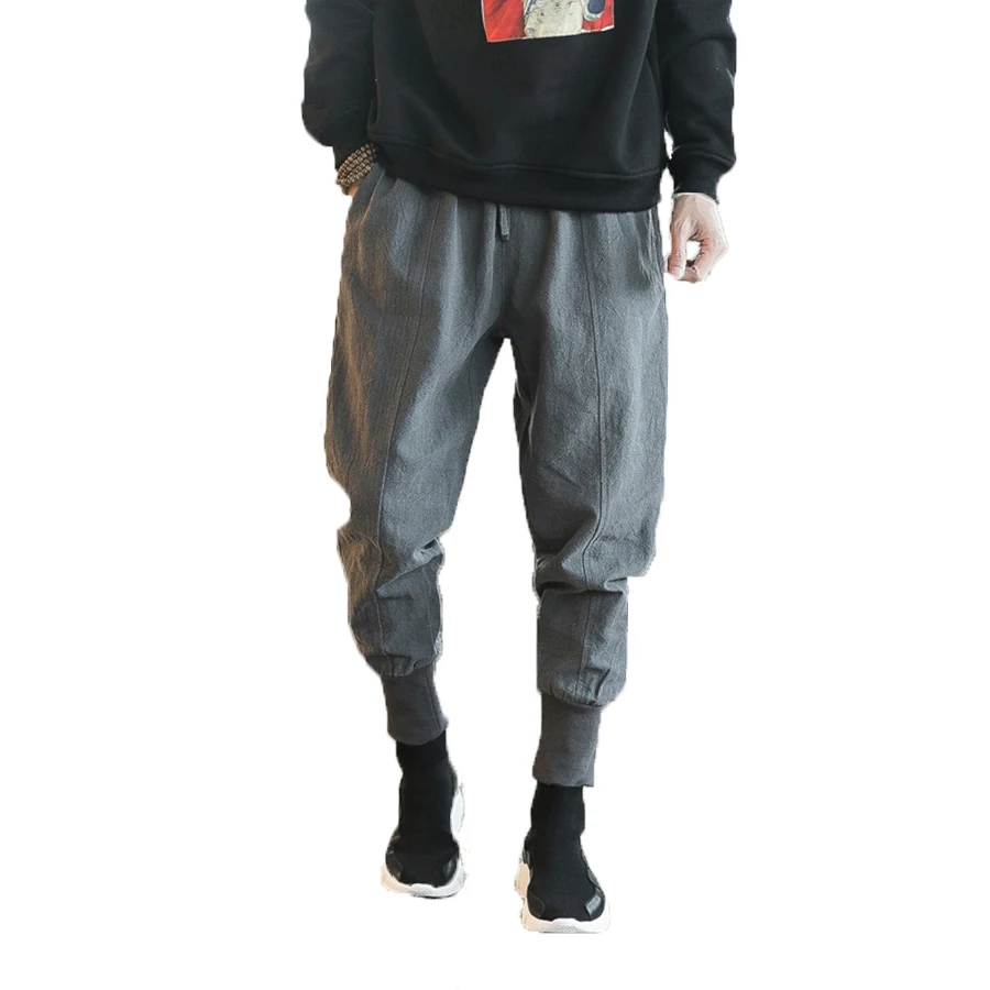 Хлопковые и льняные спортивные брюки для мужчин полосатые свободные мужские