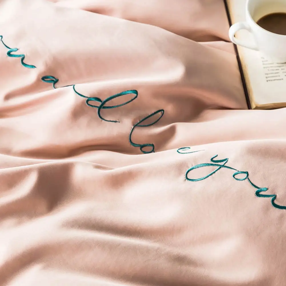 Nordic Light Green Dark INS Embroidery Bedlinens Artificial Silk Satin Duvet Cover Set Queen King Bedsheet Bedding Set