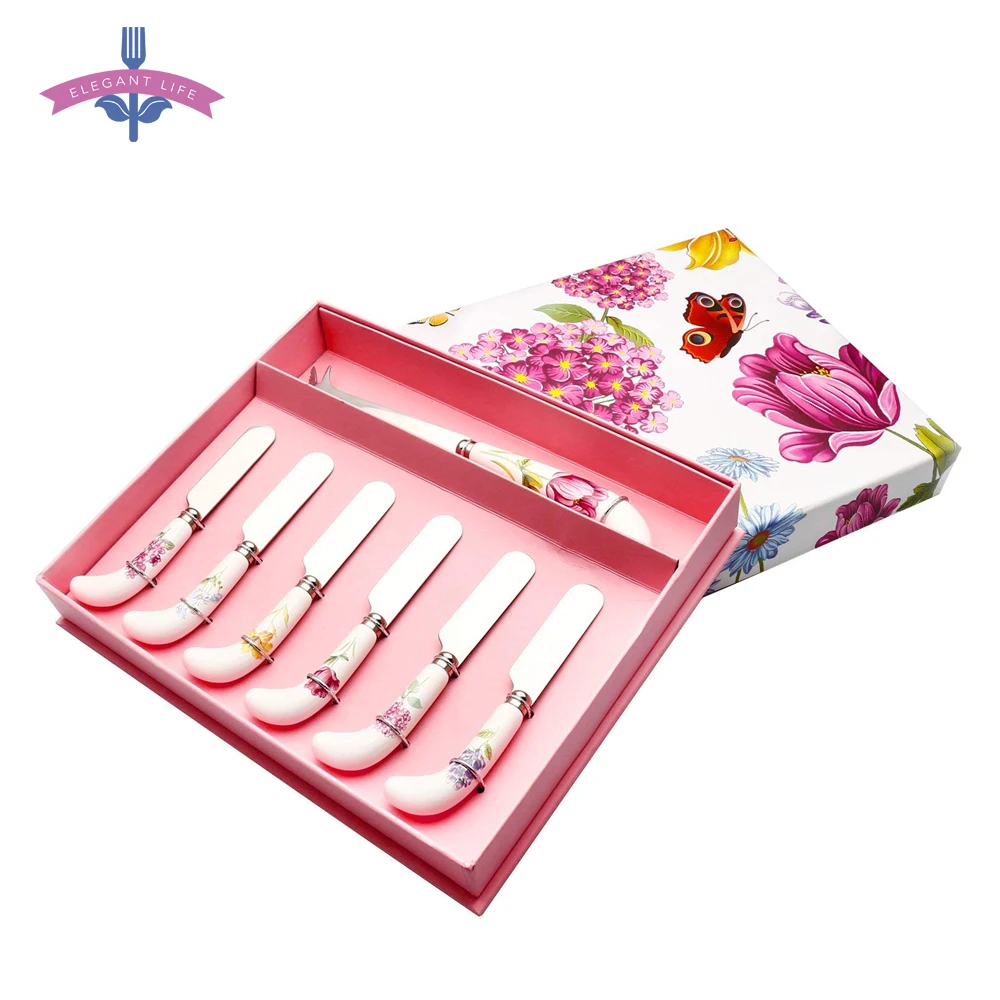 

7 PCS Butter Knife Stainless Steel Ceramic Handle Cheese Knife Set Cheese Dessert Spreaders Cream Bread Western Cutlery Gift