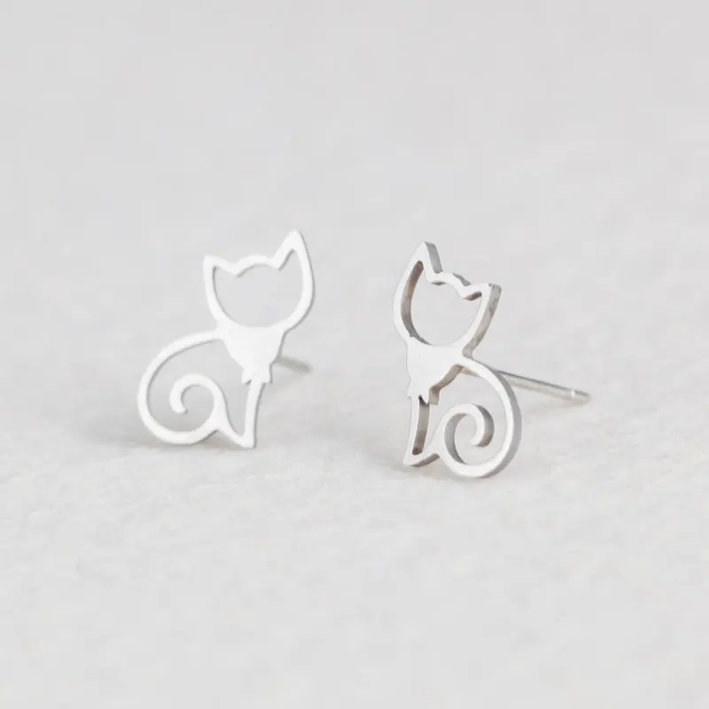 Silver Cat Золотые и серебряные минималистичные серьги из нержавеющей стали для женщин, трендовые корейские серьги-гвоздики со звездами и кошками, модные ювелирные изделия - Окраска металла: Silver Cat