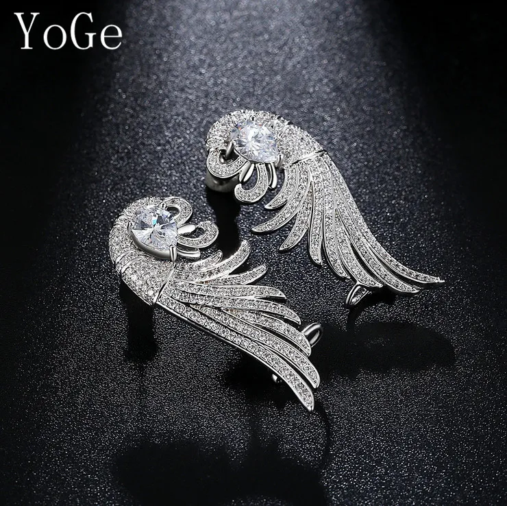 YoGe E0004 Fashion design AAA cubic zirconia Wings inlaid with the main stone big stud earrings women's accessaries | Украшения и