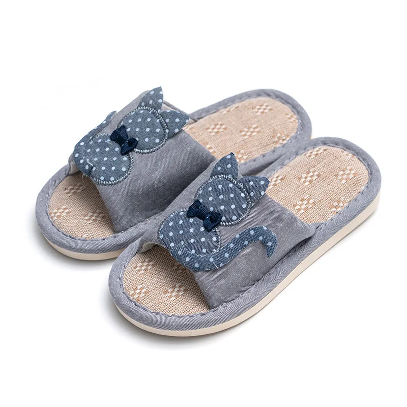 Детская домашняя обувь льняные тапочки весенне летние детские с милым котенком