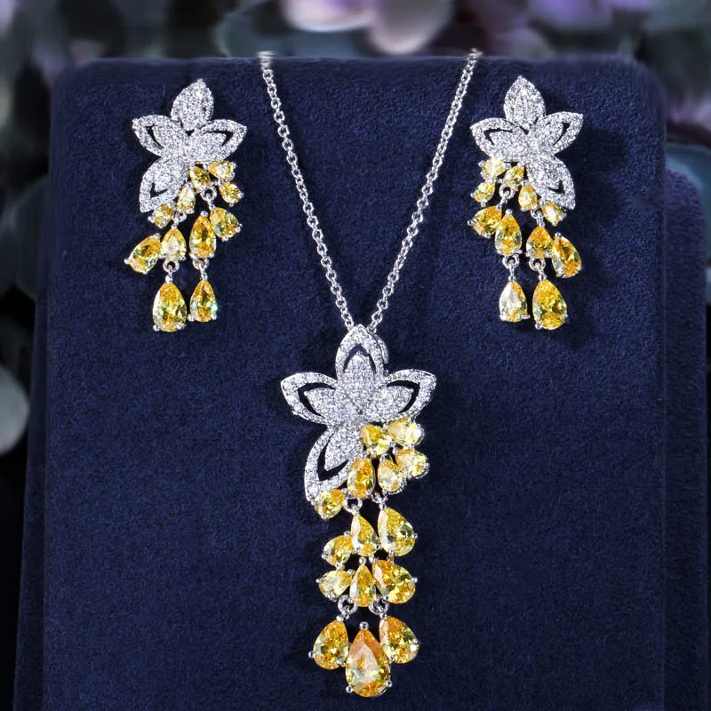 yellow Трехцветные Модные Зеленый фианит в форме цветка изысканный кулон Подвеска для сережек и ожерелья набор украшений для женщин JS214 - Окраска металла: yellow