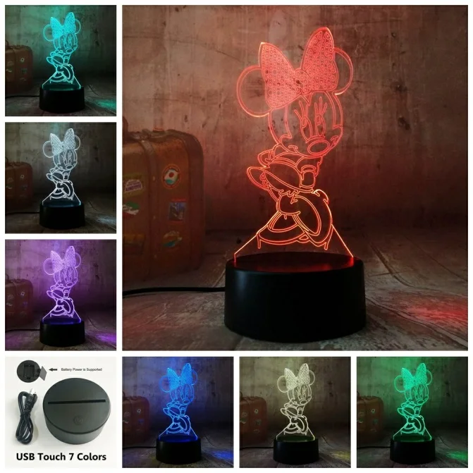 3D с героем мультика Минни Мышь светодиодный RGB светодиодный Ночной светильник 7 цветов изменить стол USB лампа для детей Детский Рождественский подарок новинка домашний декор - Испускаемый цвет: Touch One 7 Color