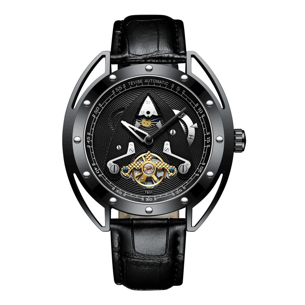 Мужские автоматические механические часы TEVISE Роскошные спортивные Moon phase Tourbillon модные повседневные кожаные новые часы Relogio Masculino