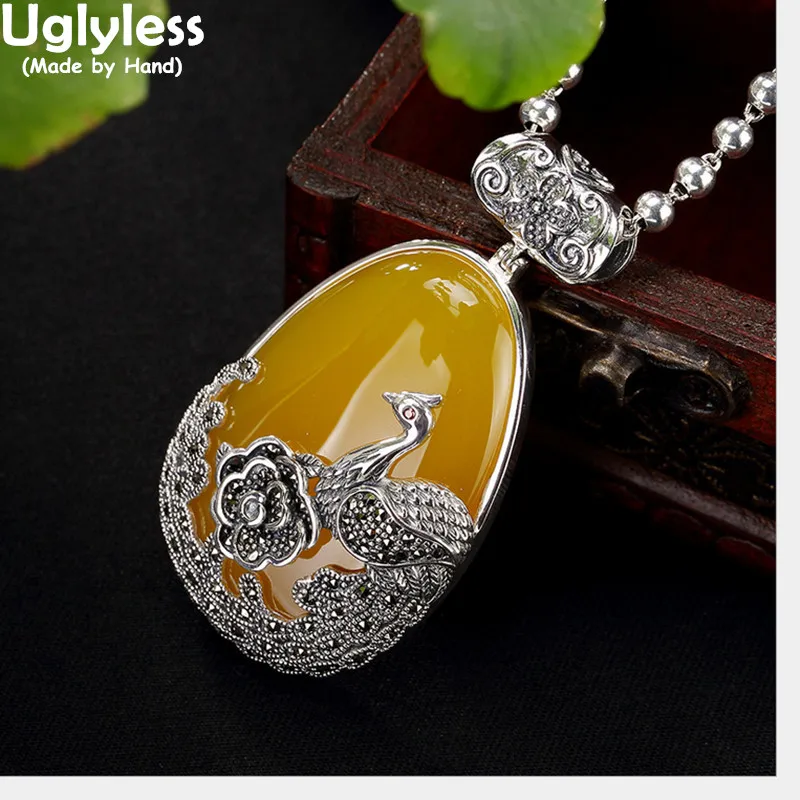 Uglyless Настоящее серебро 925 проба Натуральный халцедон кулон без ожерелья Женские Ретро ювелирные изделия Феникс пион марказит Bijoux