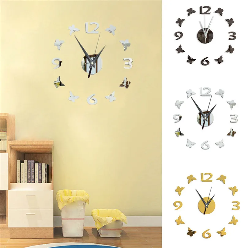 3D креативные цифровые акриловые настенные часы с бабочкой зеркало для украшения