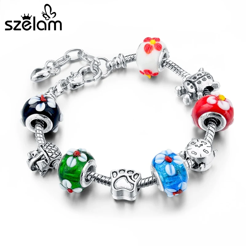 

Szelam European Multicolor Flower Glass Bead Bracelets & Bangles Bracelet For Women DIY Snake Chain Jewelry SBR140412