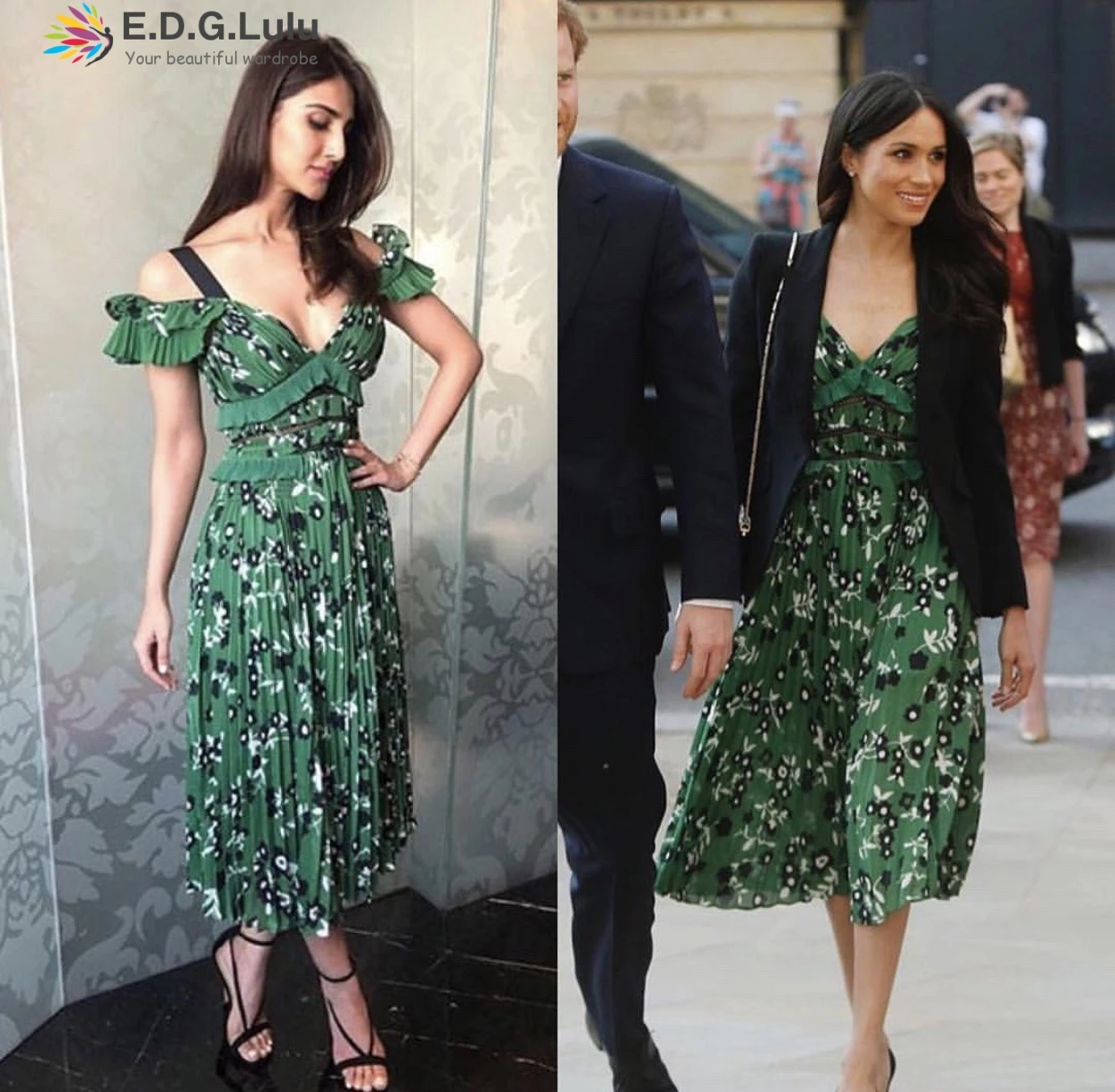 EDGLuLu принцессы Меган миди платье сексуальный элегантный зеленый цветочный принт