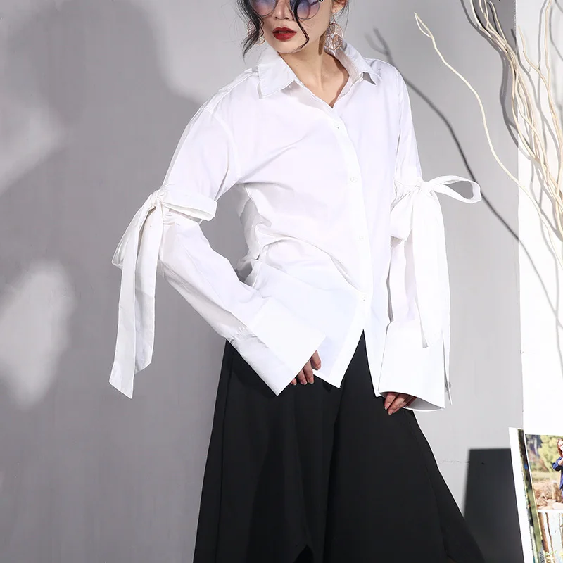 DEAT 2020 New Spring Summer White Long Sleeve Turn-down Collar Bow Single Breasted Women Fashion Tie Wild Shirt Blouse LA67 | Женская