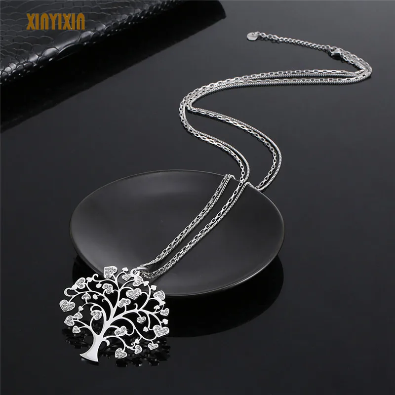 

Luxurious Color Big Tree of Life Pendant Necklace for Women Style Stainless Steel Shiny Rhinestone Layered Long Necklace Gift