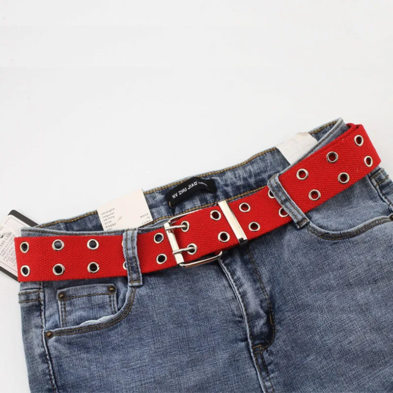 Red 2 hole canvas BLA модные брезентовые ремни на каждый день с двойным отверстием, ремень с пряжкой, регулируемый Одноцветный поясной ремень для женщин, мужчин, студентов, джинсы 3 - Цвет: Red 2 hole canvas