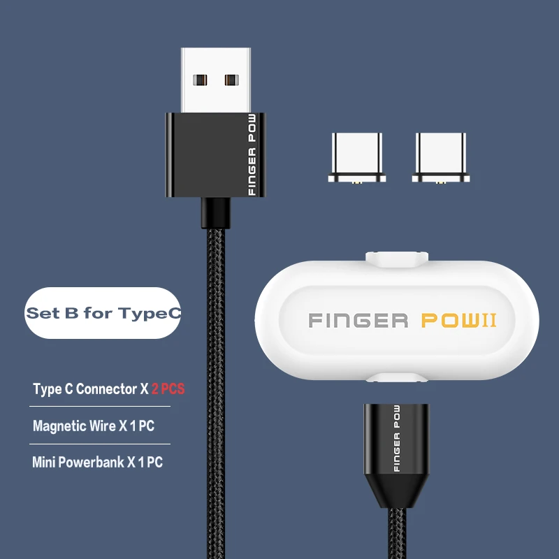 Fingerpow 1100 мАч Мини банк питания для iPhone/Android/type C Магнитный USB кабель для зарядки и передачи данных внешний аккумулятор 18650 Банк питания - Цвет: Set B For Type C