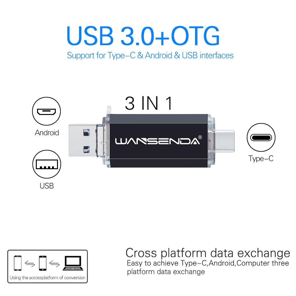 WANSENDA USB Flash Drive 3 in 1 USB3.0 & Type-C Micro OTG Pen 16GB 32GB 64GB 128GB 256GB Pendrive Memory Stick | Компьютеры и офис