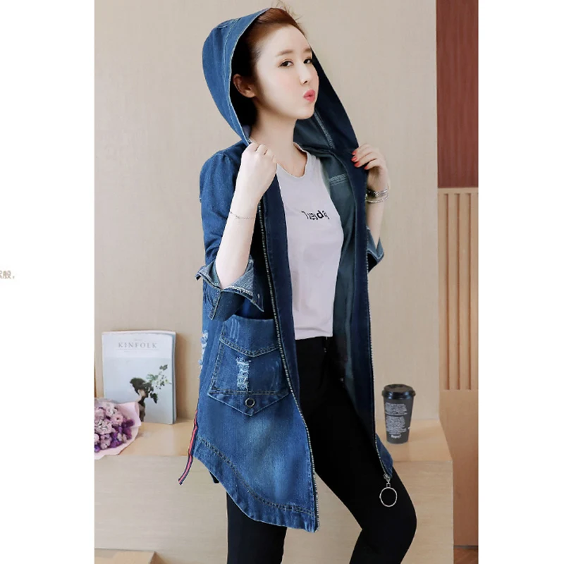 Женская джинсовая куртка с капюшоном длинная облегающая синего размера плюс в