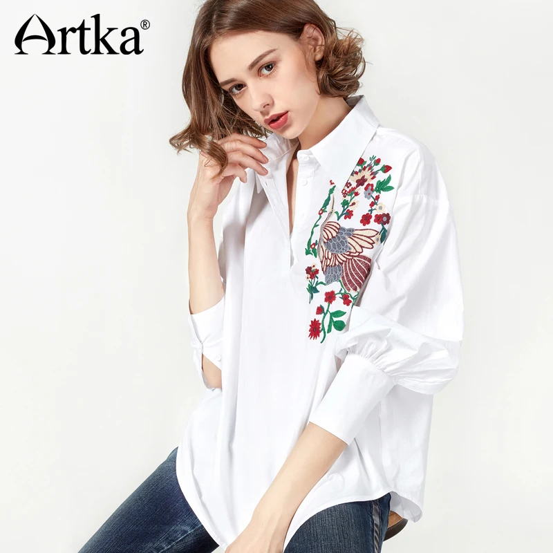 ARTKA 2018 летняя традиционная китайская Цветочная вышивка винтажная рубашка