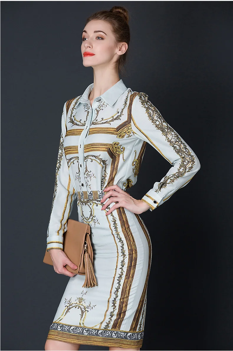 Рубашка с принтом лацканами хлопковая рубашка + юбка разрезом европейский модный