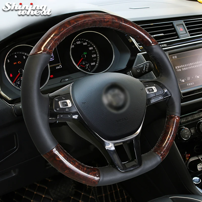 

Shining wheat Wood grain PU Carbon Fiber Leather Steering Wheel Cover for Volkswagen VW Golf 7 New Polo Jetta Passat B8 Tiguan
