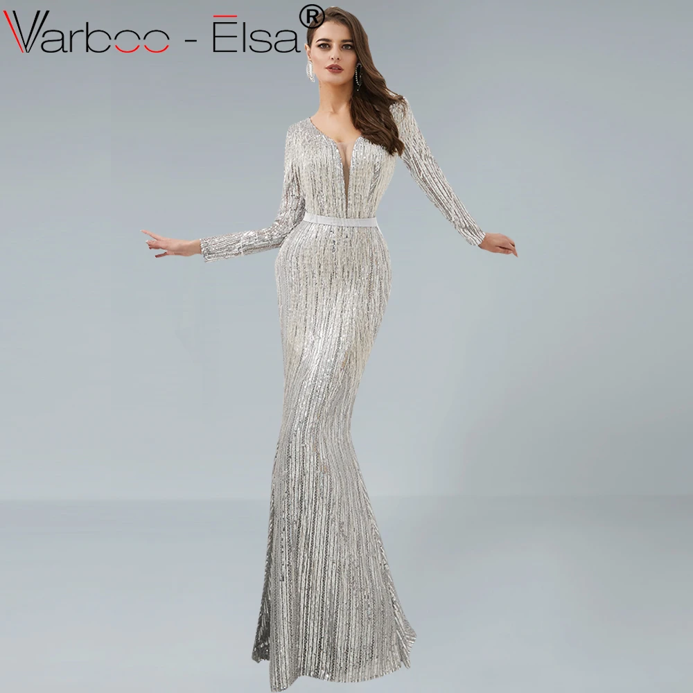 Женское вечернее платье с блестками VARBOO_ELSA Серебряное длинными рукавами и