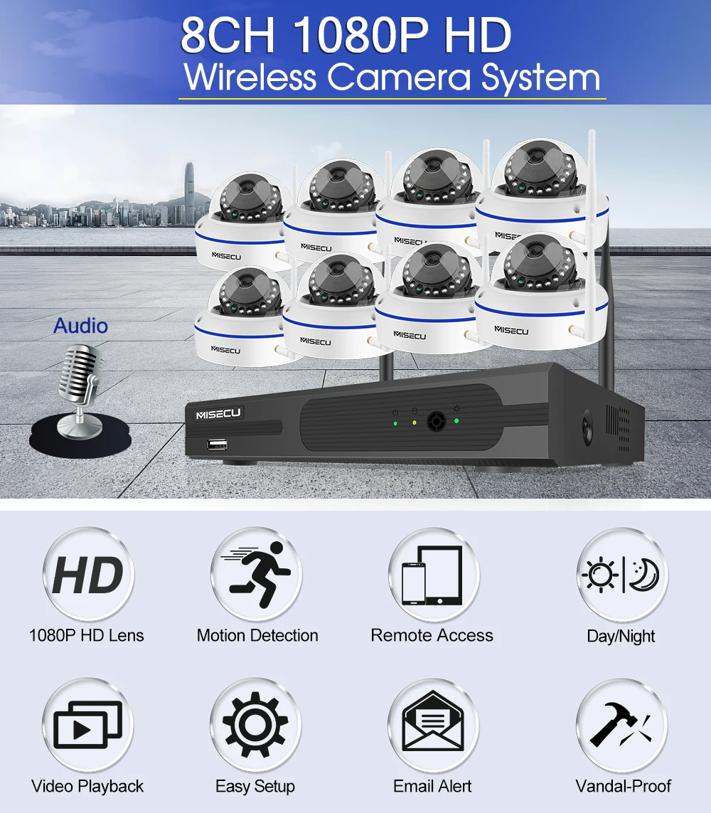 MISECU 8CH 1080P HD Беспроводная NVR система с 2.0MP Крытый антивандальный Wifi камера Аудио запись ИК ночного видения комплект наблюдения